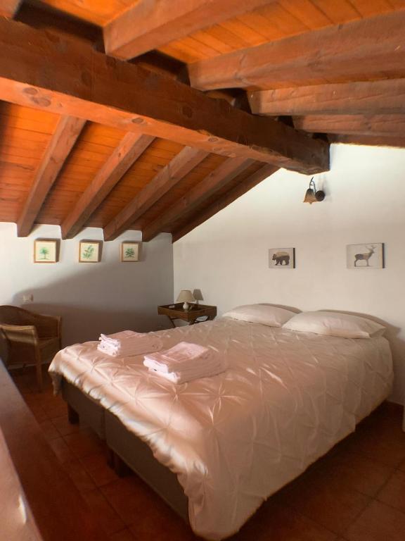 a bedroom with a large bed in a room with wooden ceilings at Casa La Fragua in La Hiruela