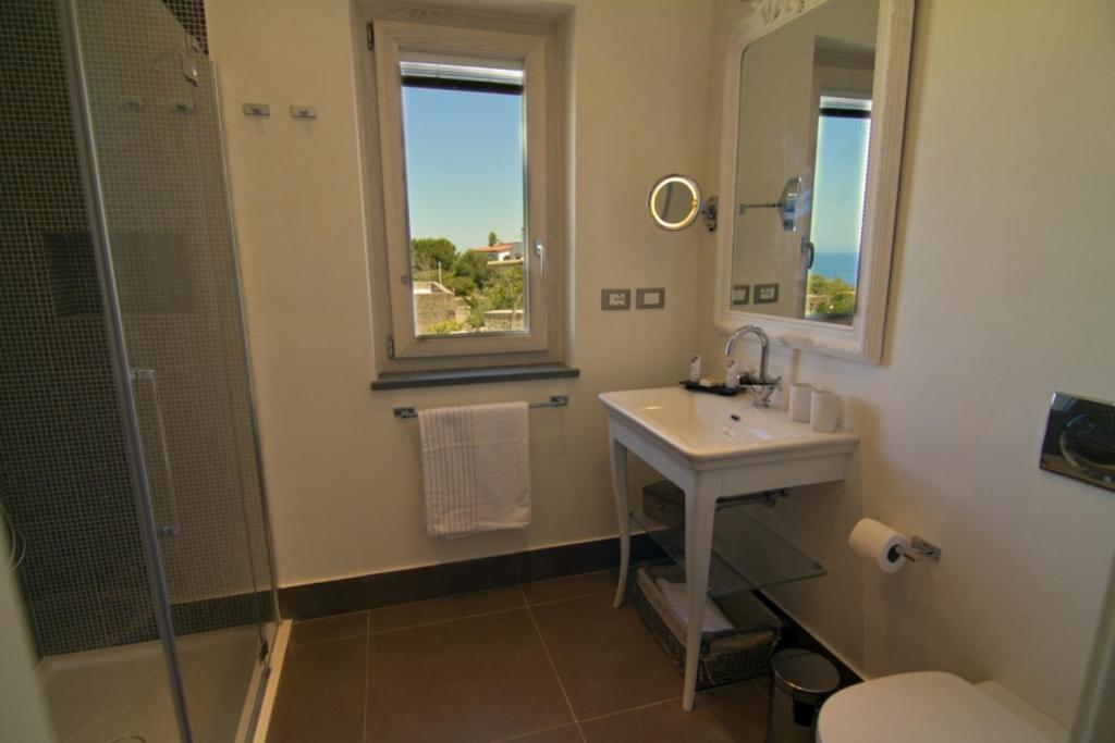 a bathroom with a sink and a shower and a mirror at Tenuta Del Poggio Antico in Ischia