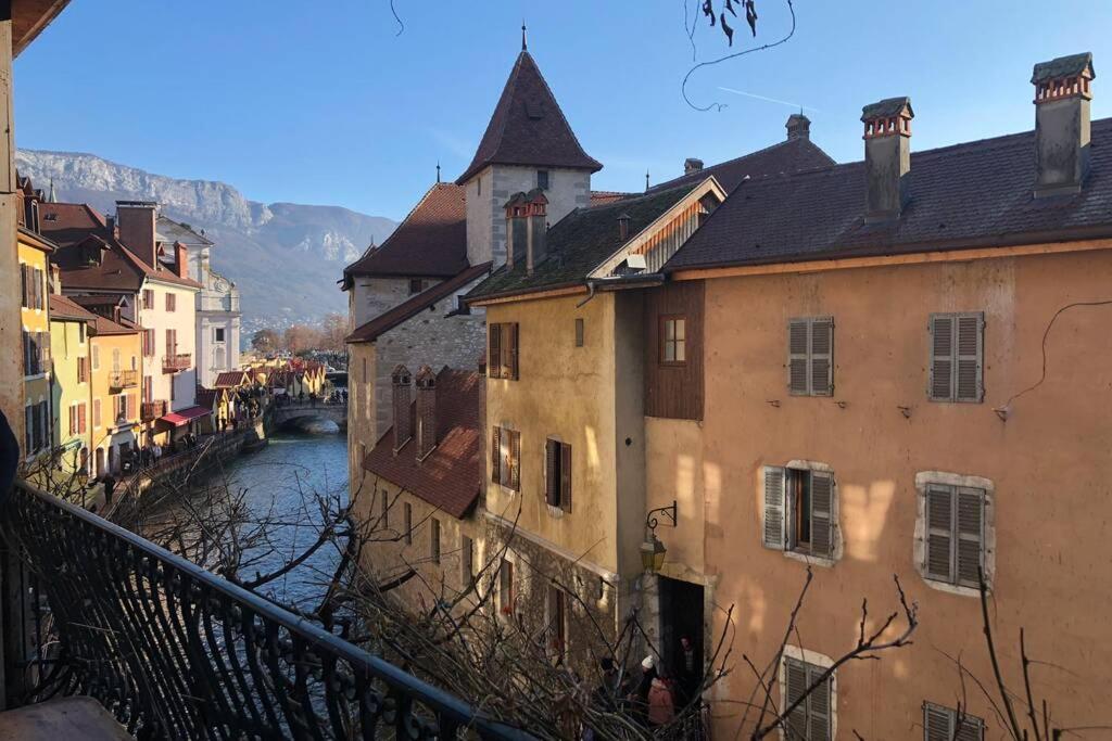 アヌシーにあるLe Rousseauの建物のある街の川の眺め