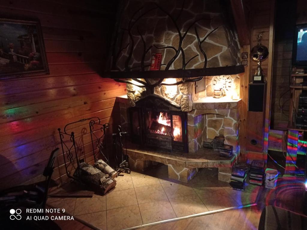 Dom Parlinek agroturtstyka wędkowanie sauna jacuzzi في Dąbrowa: مدفأة حجرية في غرفة بها موقد