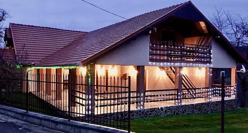 a house with a porch with lights on it at Pensiunea La Buru in Căraciu