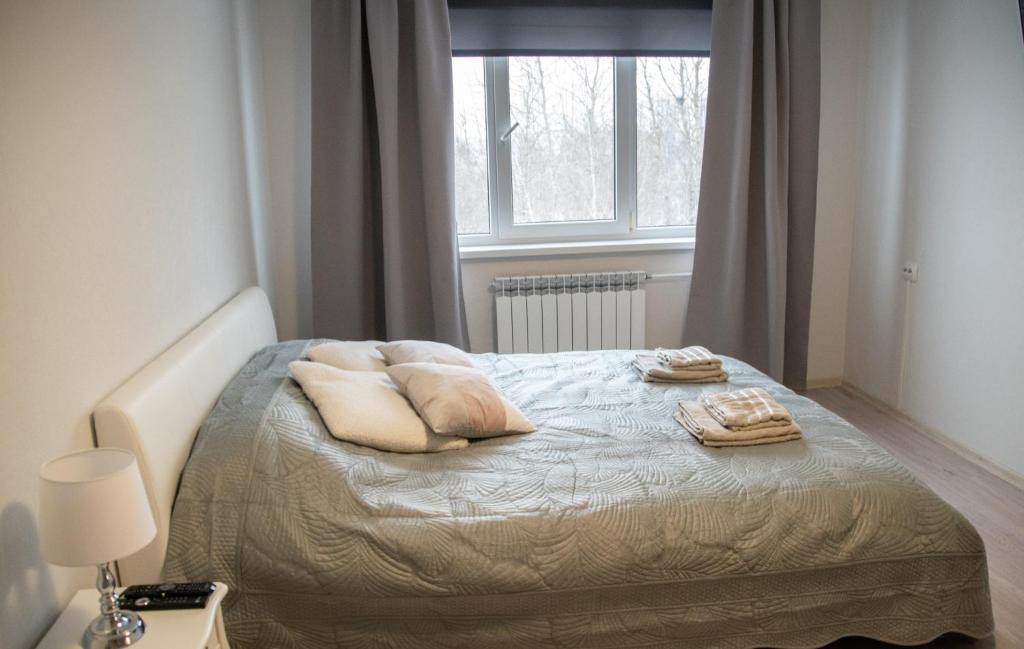 a bedroom with a bed with two pillows and a window at Mia Kiviõli Apartment in Kiviõli