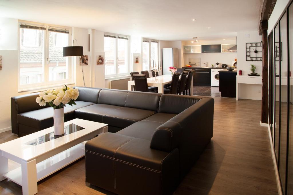 uma sala de estar com um sofá preto e uma mesa em Le Corbeau - Grand Appartement Strasbourg Centre, Calme em Estrasburgo
