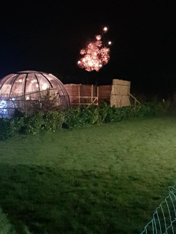 a field with a fence and a domed building with fireworks at La bulle au bois dormant d'ovifat in Robertville