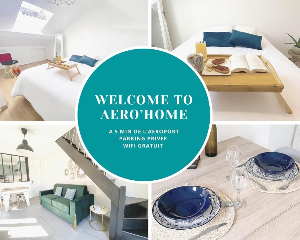 un collage de fotos de una habitación con cama y mesa en AeroHome - Appart Confort - Aeroport d Orly à proximité - Parking, en Athis-Mons