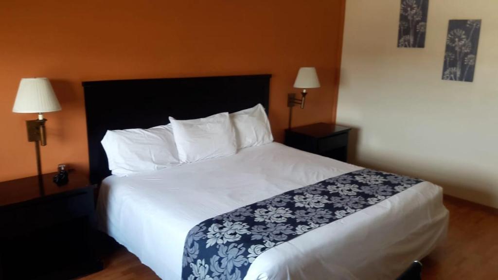 um quarto com uma cama branca e uma cabeceira preta em Hotel Express Inn em Sabinas