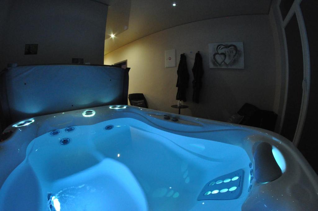 a blue bath tub in a room with a bed at Appartement Studio Tournai in Tournai