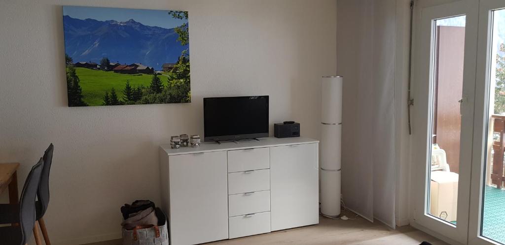TV a/nebo společenská místnost v ubytování Modernes Wohlfühlstudio im Haus Eldorado mit Traumaussicht