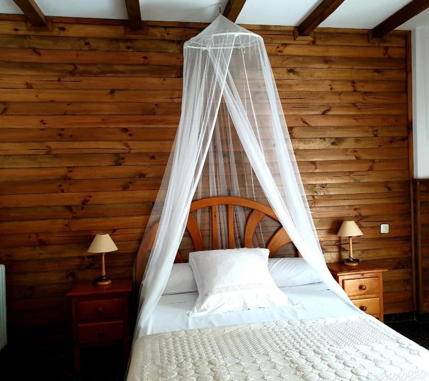 un dormitorio con una cama con mosquitera en Apartamentos El Parral, en Arroyo Frío