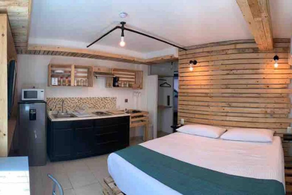Cet appartement comprend une chambre avec un lit et une cuisine. dans l'établissement NUEVO Estudio en Playas Vicente Fox. ¡Excelente ubicación!, à Boca del Río