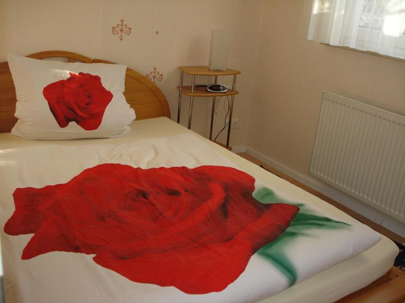 a red flower on a bed with a pillow at Schwalbe Hochdorf An der Hohlgasse in Freiburg im Breisgau