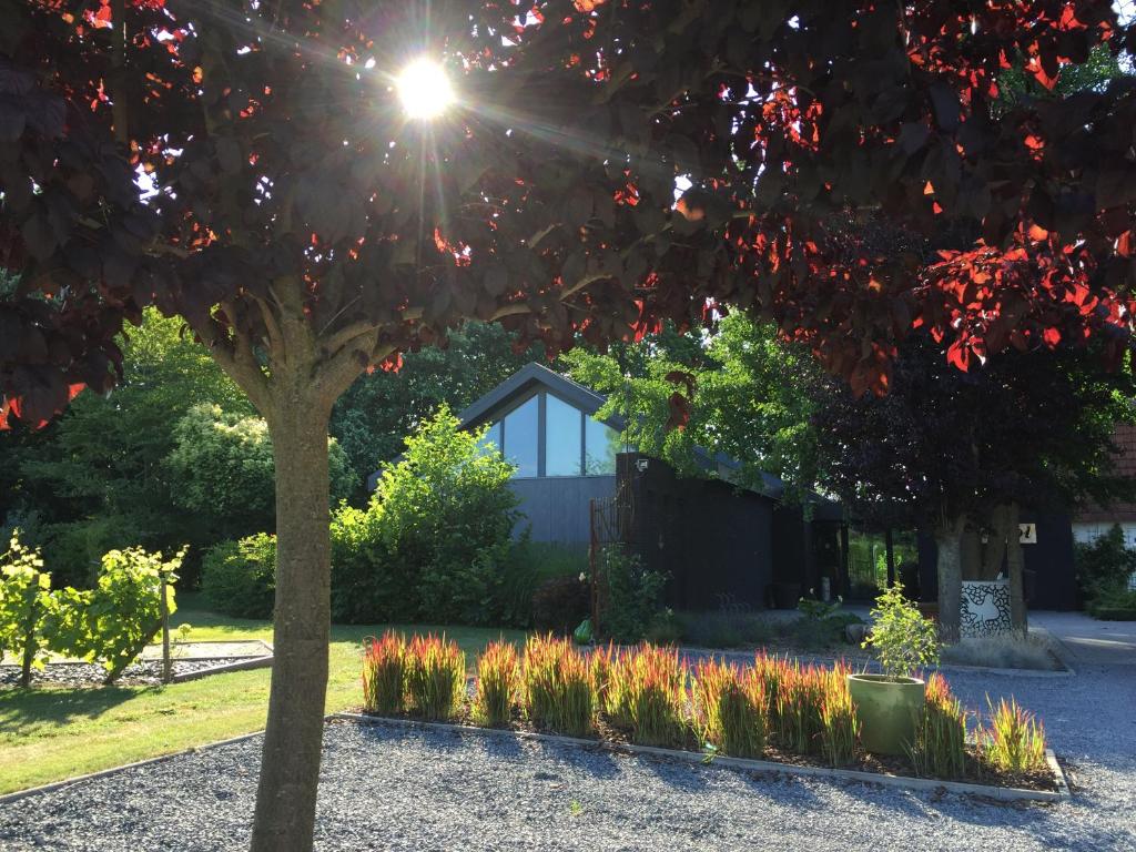 a tree in front of a house with flowers at Git Émoi in Estaimpuis