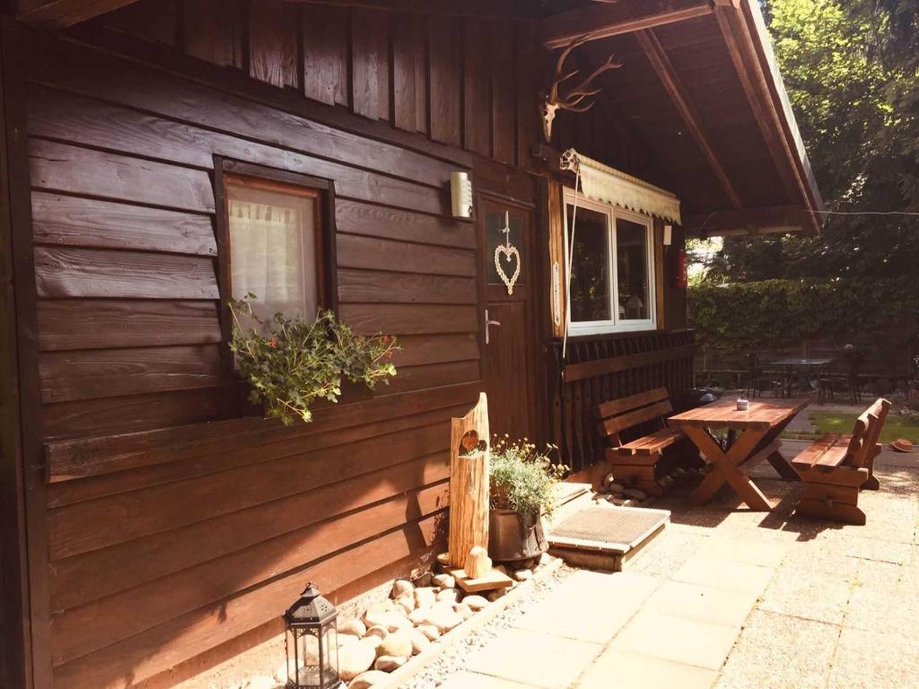 una cabaña de madera con una mesa de picnic junto a ella en Ferienhaus Bussard en Gammelsbach