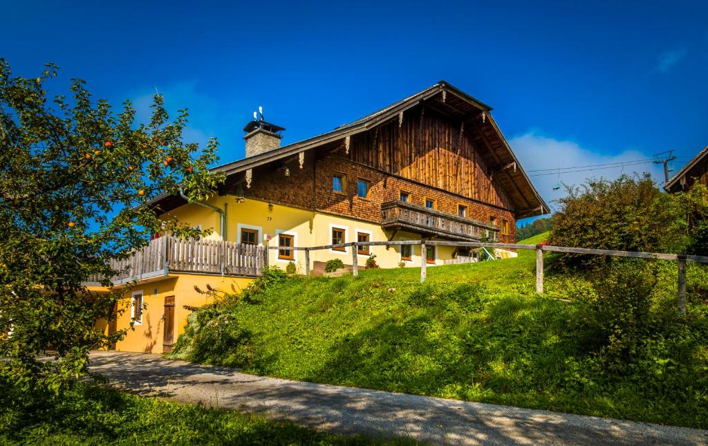 a large house with a wooden roof on a hill at Ferienwohnung Schirla Stub´m in Krispl