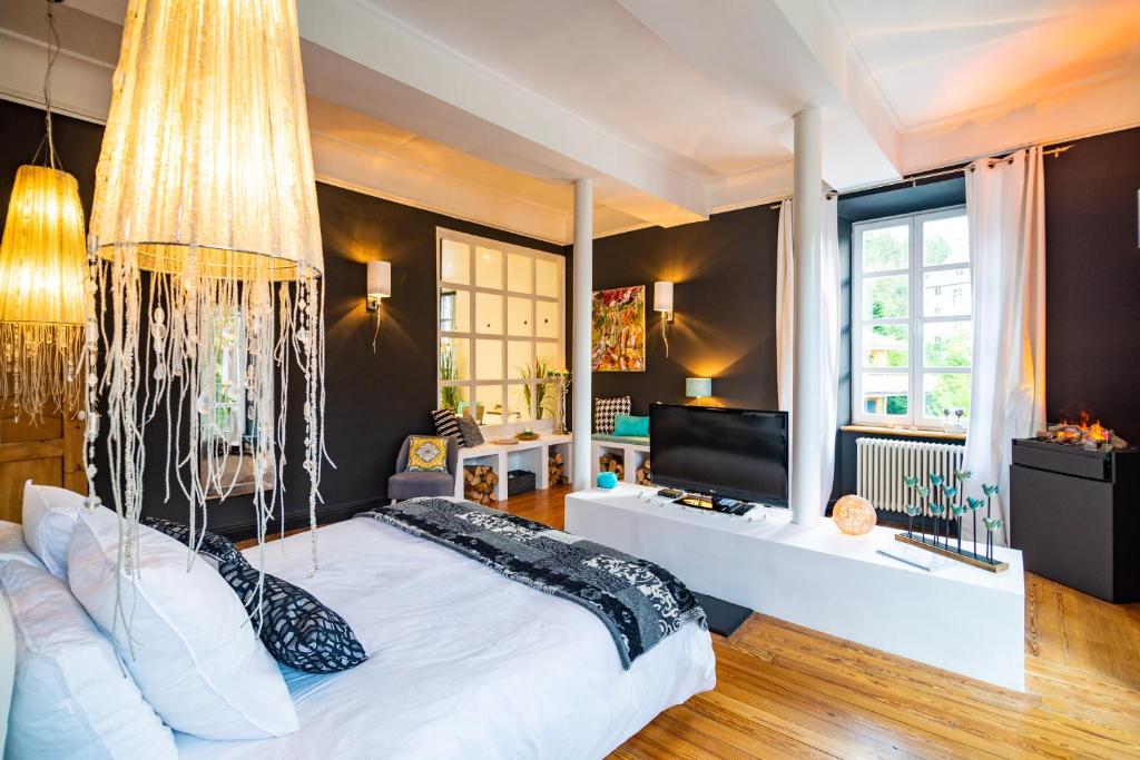 a bedroom with a large bed and a television at charme et standing centre ville in Barcelonnette