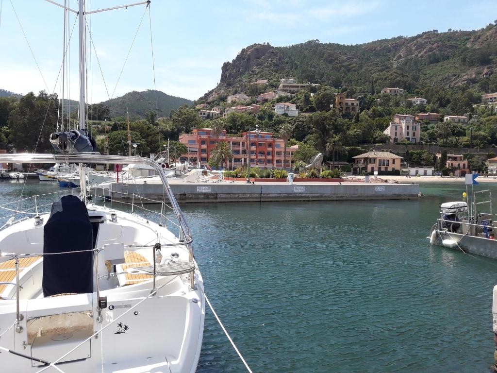 a white boat is docked in a harbor at French Riviera 1 bedroom on the beach facing Cannes in Théoule-sur-Mer