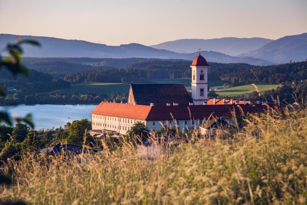 Stift St. Georgen am Längsee في سانكت جورجين ام لانغسي: مبنى فيه برج ساعه بجانب تجمع المياه