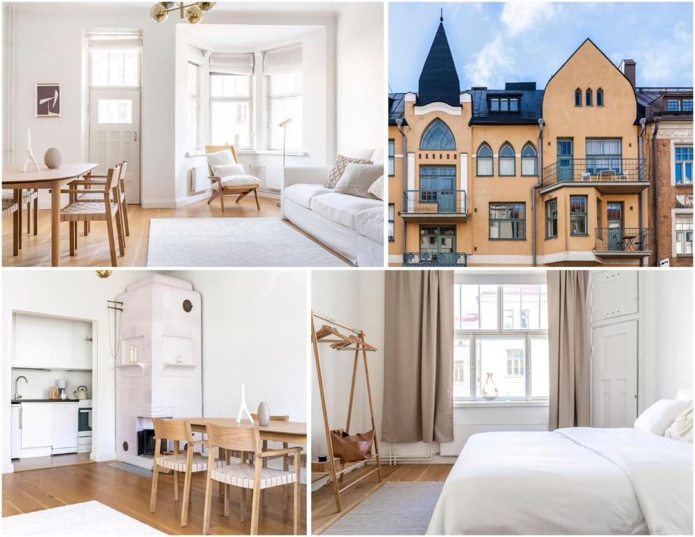 a collage of photos of a bedroom and a house at Roost Huvilakatu in Helsinki