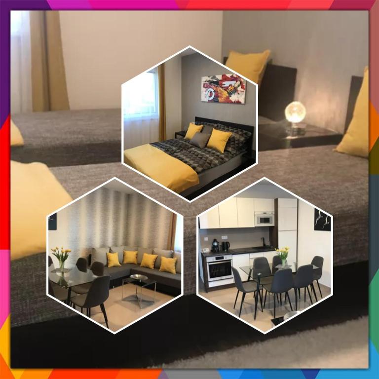 a collage of a bedroom and a living room at Amulett Wellness Apartman in Siófok
