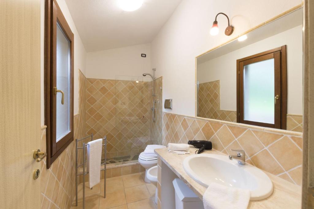 a bathroom with a sink and a toilet and a mirror at Sa Tirìa in Chia