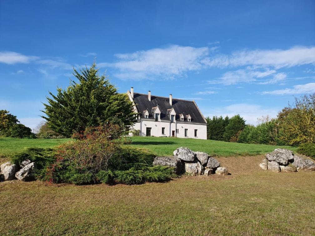 una grande casa bianca su un campo verde con rocce di Le clos de Launay a Souvigné