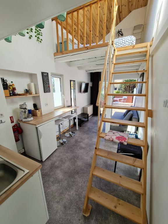 - une échelle dans une chambre avec un bureau et une cuisine dans l'établissement Studio Mezzanine Chez Papou, Ville et Forêt, à Strasbourg