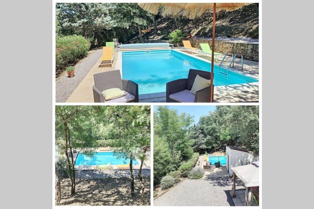 un collage de trois photos d'une piscine dans l'établissement Maison avec piscine chauffée entre mer et montagne, à Montauriol