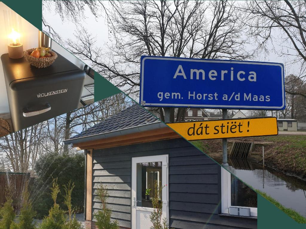 een collage van foto's van een huis met een straatbord bij Stay America in America