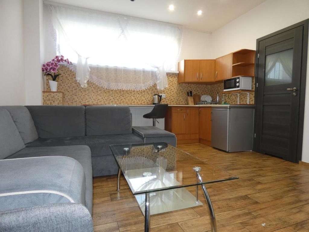 a living room with a couch and a glass table at Apartament Bielsko in Bielsko-Biala