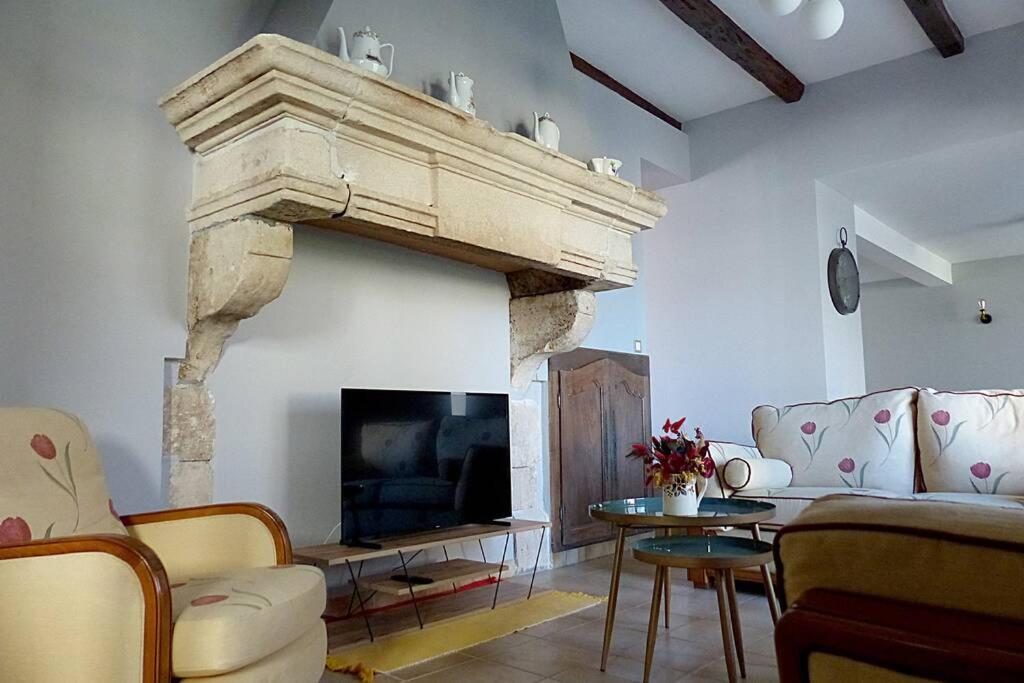ein Wohnzimmer mit einem Sofa und einem Kamin in der Unterkunft Le nid de Jehanne in Coussey