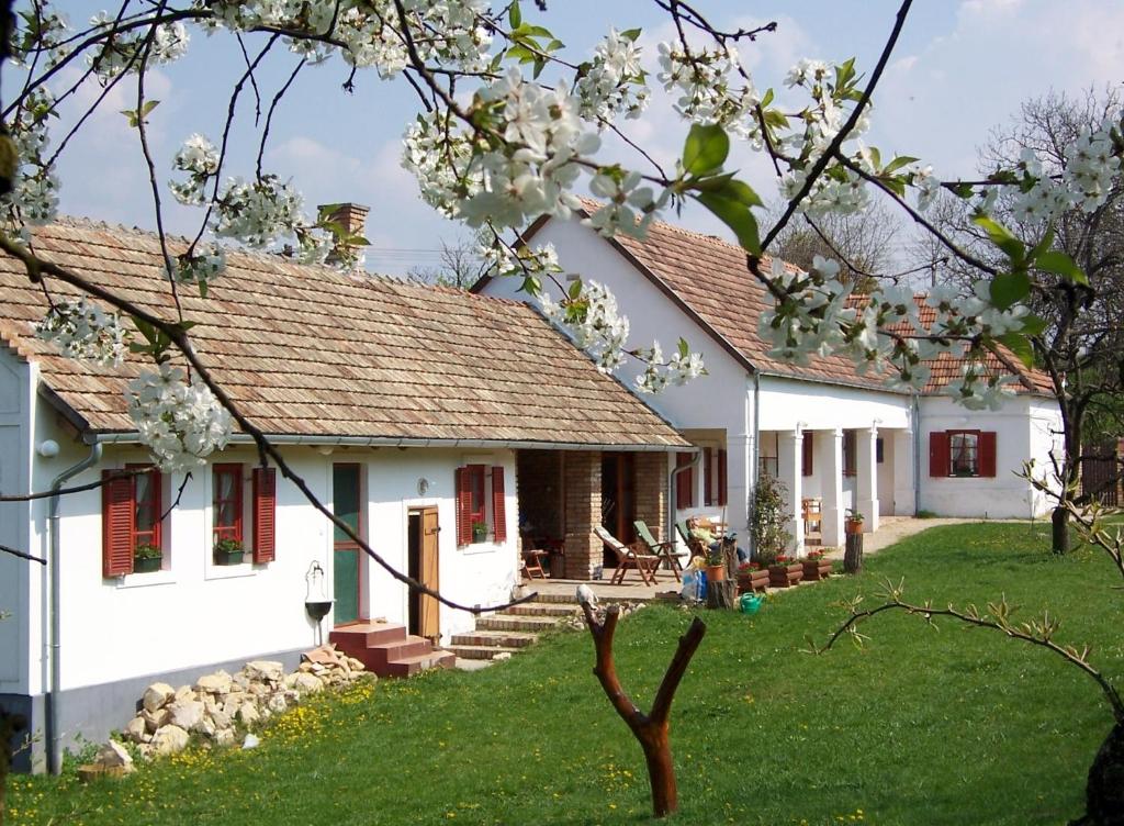 Biały dom z czerwonymi okiennicami i ogródkiem w obiekcie Körte Porta w mieście Ganna