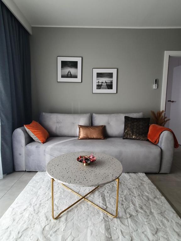 Clima Apartment II في فروتسواف: غرفة معيشة مع أريكة وطاولة