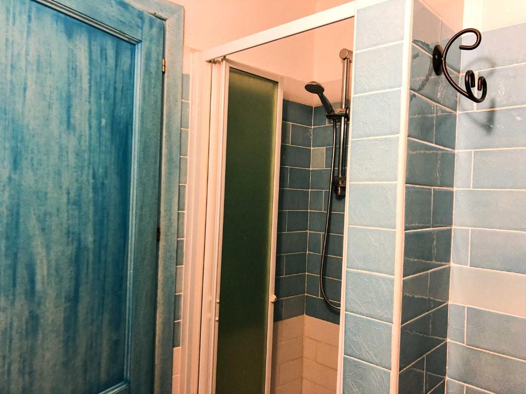 a bathroom with a shower and a blue door at Sas Tilibbas-Ammentos Posada in Posada
