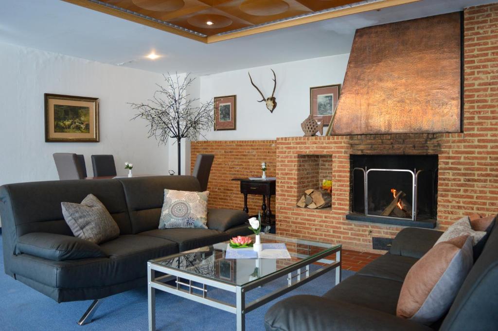 a living room with a couch and a fireplace at Sunotel Kreuzeck in Hahnenklee-Bockswiese