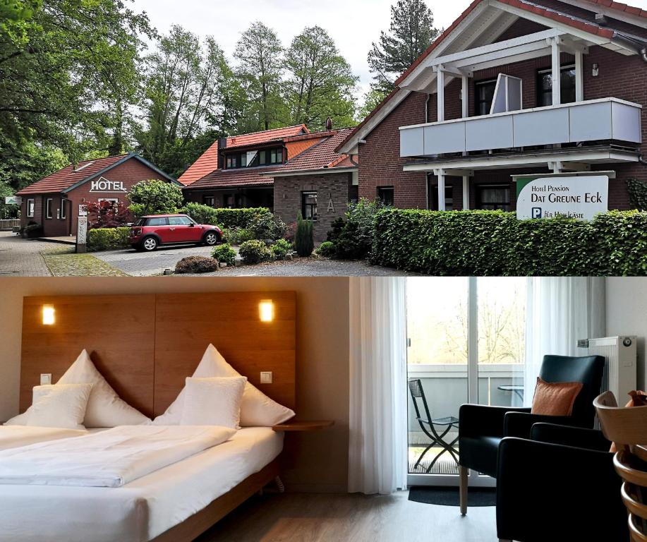 a bedroom and a house with a bed in front of it at Hotel Dat greune Eck in Soltau