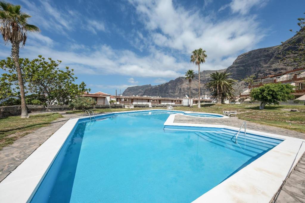 een groot zwembad met palmbomen en bergen op de achtergrond bij Apartamento Acantilados in Acantilado de los Gigantes