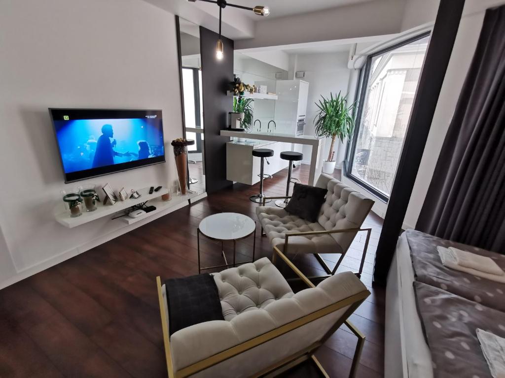 a living room with a couch and a tv at MAXX in Bielsko-Biała