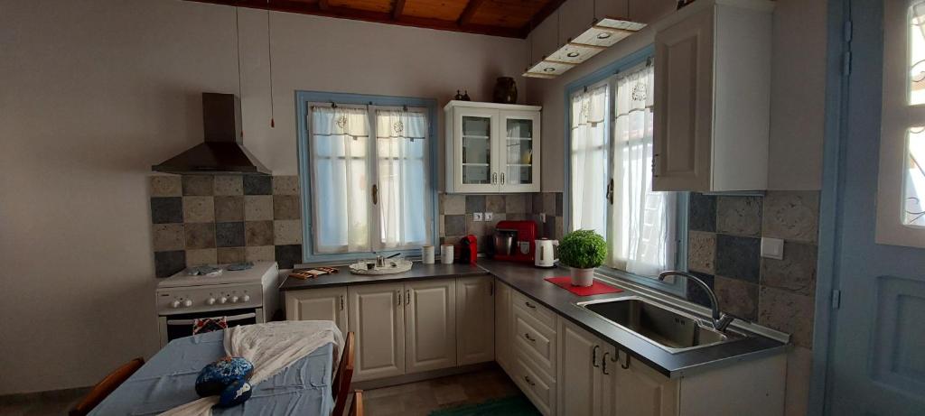 a kitchen with white cabinets and a sink at Symi . VILLA CALME (Sur la Mer). in Symi