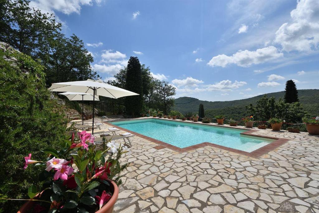 ein Pool mit Sonnenschirm und ein paar Blumen in der Unterkunft Il Poggetto a Vescinino in Radda in Chianti