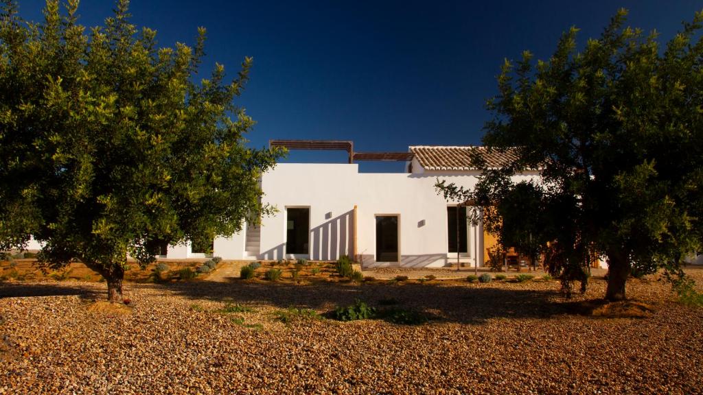 een wit huis met bomen ervoor bij Quinta da Pintassilga in Tavira