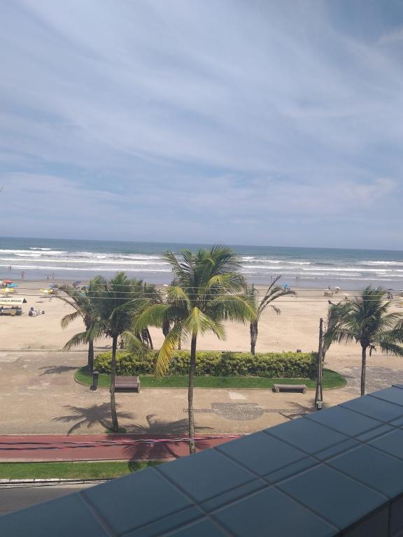 Blick auf einen Strand mit Palmen und das Meer in der Unterkunft Frente para o mar - vista espetacular de todos os cômodos in Praia Grande
