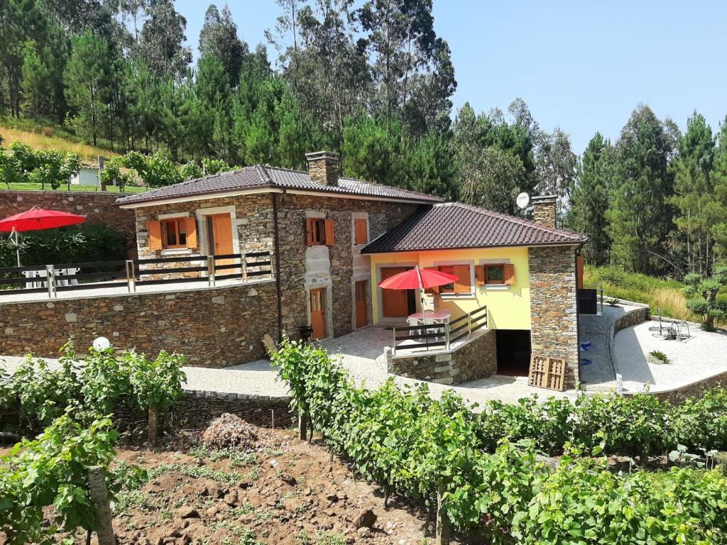 een huis met rode paraplu's in een wijngaard bij Casa da Tia Bina in Castelo de Paiva
