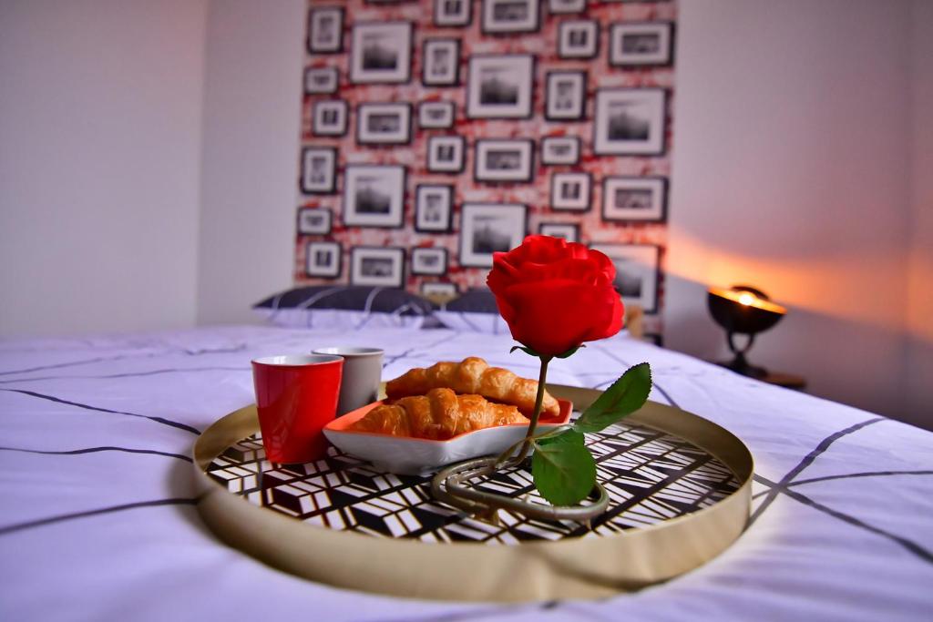 een dienblad met eten en een roos op een bed bij Résidence Les Berges Du Cher in Montluçon