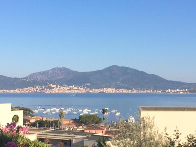 a view of a large body of water with mountains at Appart 8 pers vue sur baie - Porticcio in Porticcio