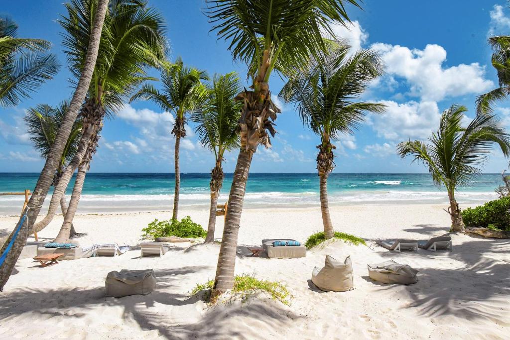 a sandy beach with palm trees and the ocean at Cabanas Tulum- Beach Hotel & Spa in Tulum