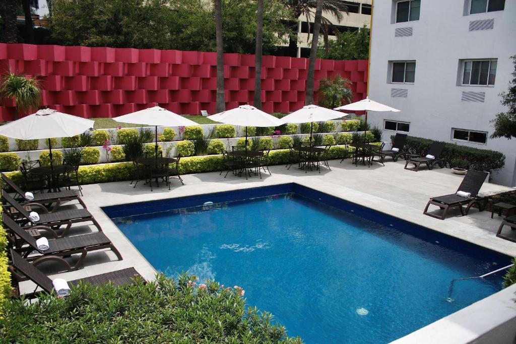 a swimming pool with chairs and umbrellas next to a building at Comfort Inn Monterrey Valle in Monterrey