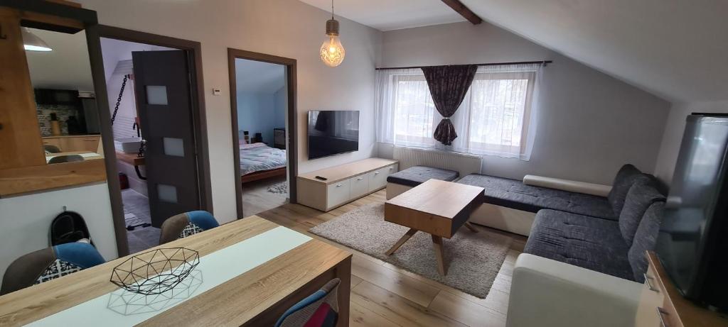 a living room with a couch and a table and a tv at Comfort Home Studio in Petroşani