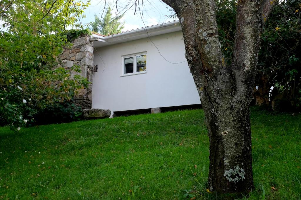 una casa bianca con un albero in cortile di Casa do Galo / Galo House a Vimioso