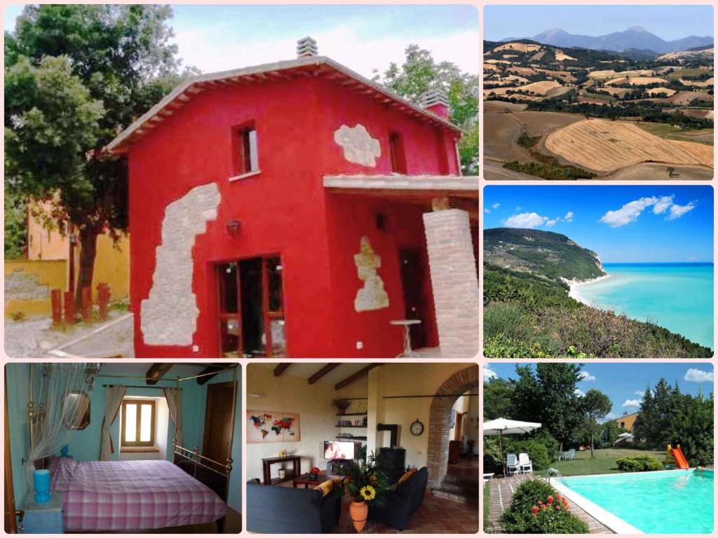 un collage di foto di una casa rossa di Holiday home in Urbino/Marken 35804 a Monte Nuovo