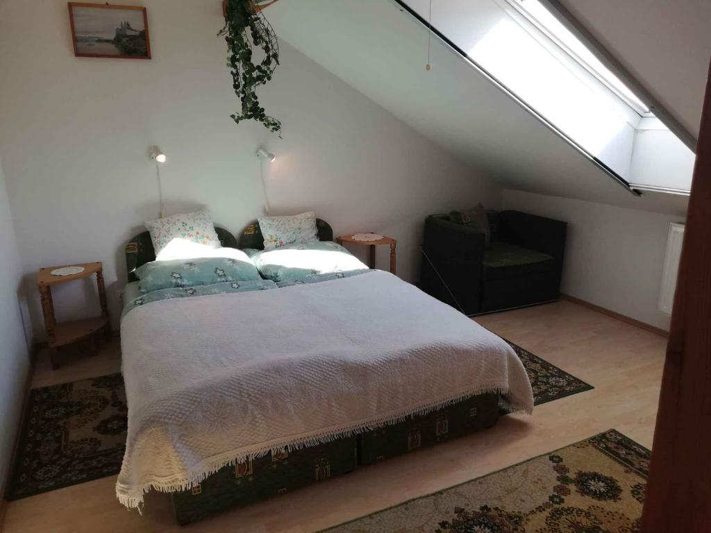 sypialnia z dużym łóżkiem i oknem dachowym w obiekcie Apartment Zalakaros 8 w Zalakaros
